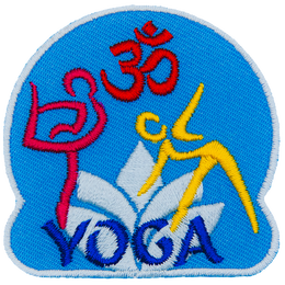 Three figures doing yoga are around the word Yoga and a white lotus.