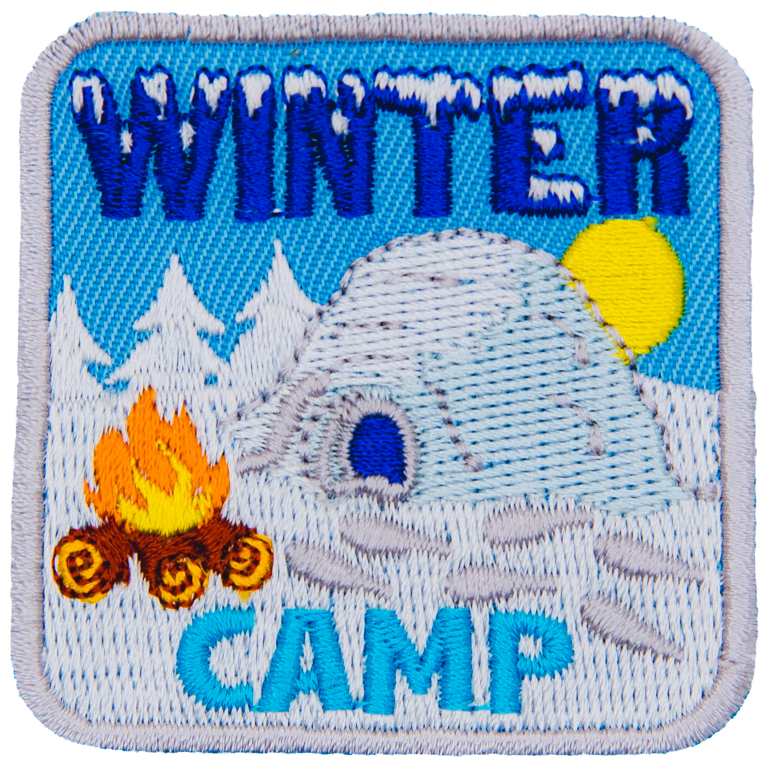 An igloo sits next to a campfire in a field of snow, symbolizing a winter camp.