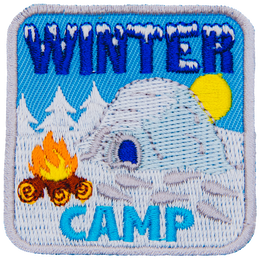 An igloo sits next to a campfire in a field of snow, symbolizing a winter camp.