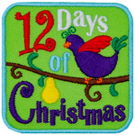The number 12 is next to the words Days Of Christmas surrounding a partridge in a pear tree.