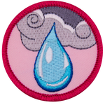 A raindrop falling from a grey cloud on a pink background.