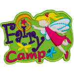A blonde fairy with clear wings adds the dot to the I in Fairy Camp with her wand.