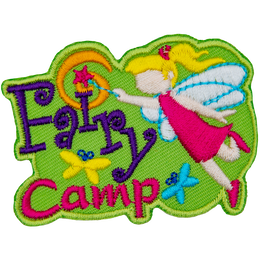 A blonde fairy with clear wings adds the dot to the I in Fairy Camp with her wand.