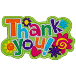 Colourful text that says Thank You sits on a background of flowers, hearts, and starbursts.
