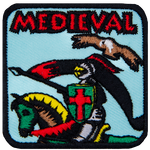 A jouster on horseback carrying a black and red flag. The word Medieval is above them.