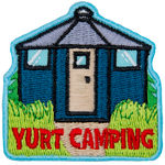 A yurt nestled between foliage with the words Yurt Camping below it.