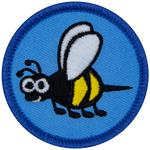 A smiling cartoon bumble bee on a blue background.