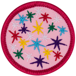 Multi-coloured stars on a pink background.