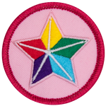 A five-pointed star with each point being a different colour. Yellow, red, green, purple and blue.