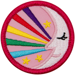 A sleeping moon with five rainbow strands coming out of it.