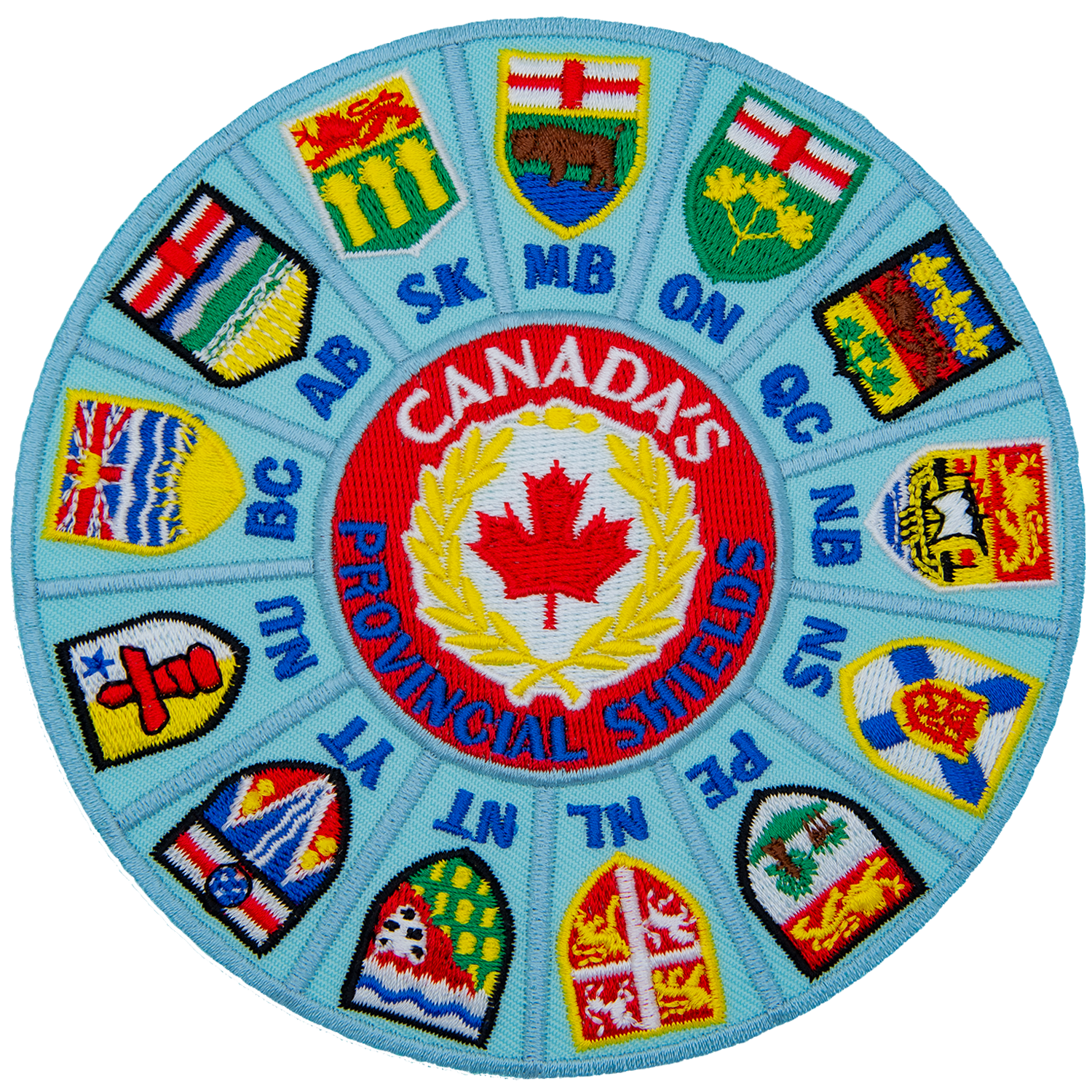 A wheel made of all the provincial flags of Canada. Each flag is labelled by its provincial abbreviation. 