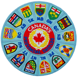 A wheel made of all the provincial flags of Canada. Each flag is labelled by its provincial abbreviation. 