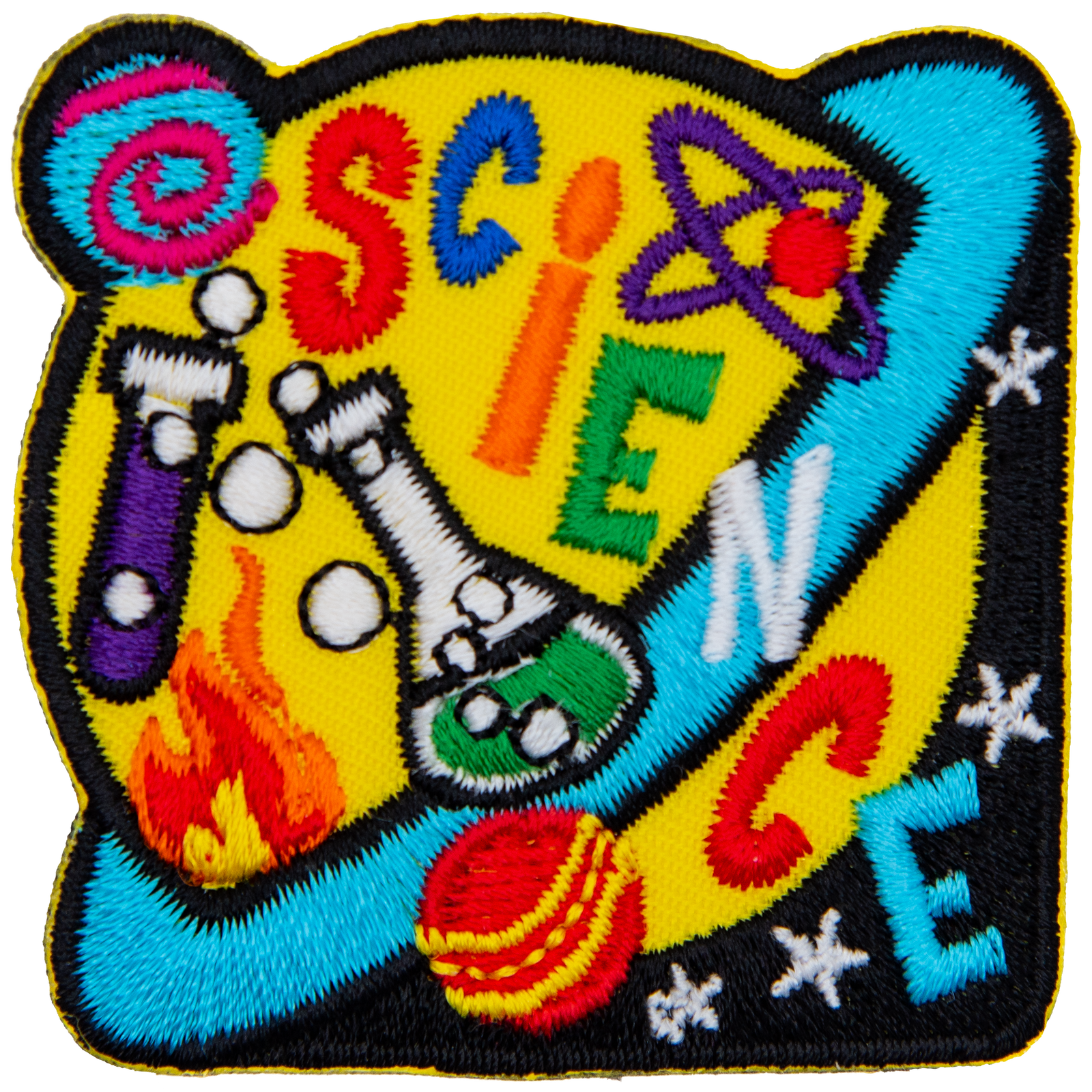 A yellow and blue Saturn with beakers on it. The word Science is stitched across the planet.