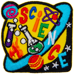 A yellow and blue Saturn with beakers on it. The word Science is stitched across the planet.
