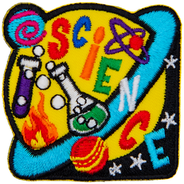 A yellow and blue Saturn with beakers on it. The word Science is stitched across the planet.