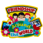 Three people stand side by side, holding a banner that says Friendship. Below them is a globe with the words Around the World on it. 