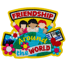 Three people stand side by side, holding a banner that says Friendship. Below them is a globe with the words Around the World on it. 
