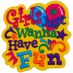 The words Girls Just Wanna Have Fun in different fonts and colours.