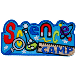 The word Science is embroidered across this patch. The N is replaced with a magnet, the I is a beaker, and the E is an atom. Camp is stitched on a ruler at the bottom.