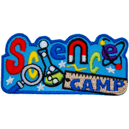The word Science is embroidered across this patch. The N is replaced with a magnet, the I is a beaker, and the E is an atom. Camp is stitched on a ruler at the bottom.