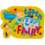 A fairy is tapping a cartoon tooth with her wand. The words Tooth Fairy surround the tooth.