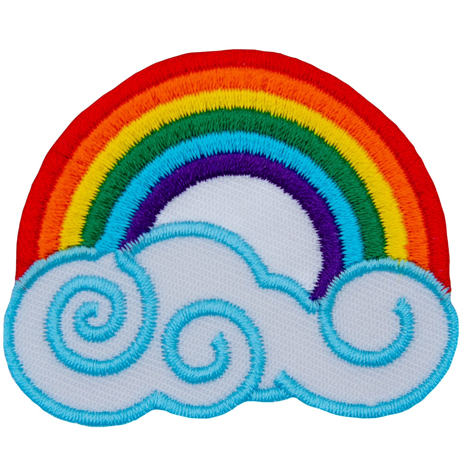 A bright rainbow arcs above a swirling cloud. The colours from the outside of the arc toward the middle are: red, orange, yellow, green, blue, and violet. 