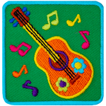 A ukelele with two flowers on it surrounded by music notes.
