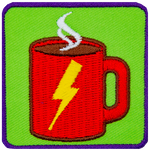 A red mug with a yellow lightning bolt. Steam is coming out the top.