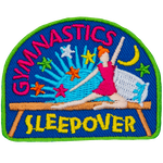 A girl in a leotard poses on a beam between the words Gymnastics Sleepover.