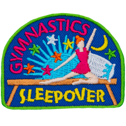A girl in a leotard poses on a beam between the words Gymnastics Sleepover.