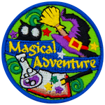 A beaker, spell book, witches hat and black cat surround the words Magical Adventure.