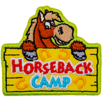 A smiling cartoon horse is above a sign that reads Horseback Camp.