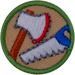 This round one-inch patch depicts the images of an axe and a saw.