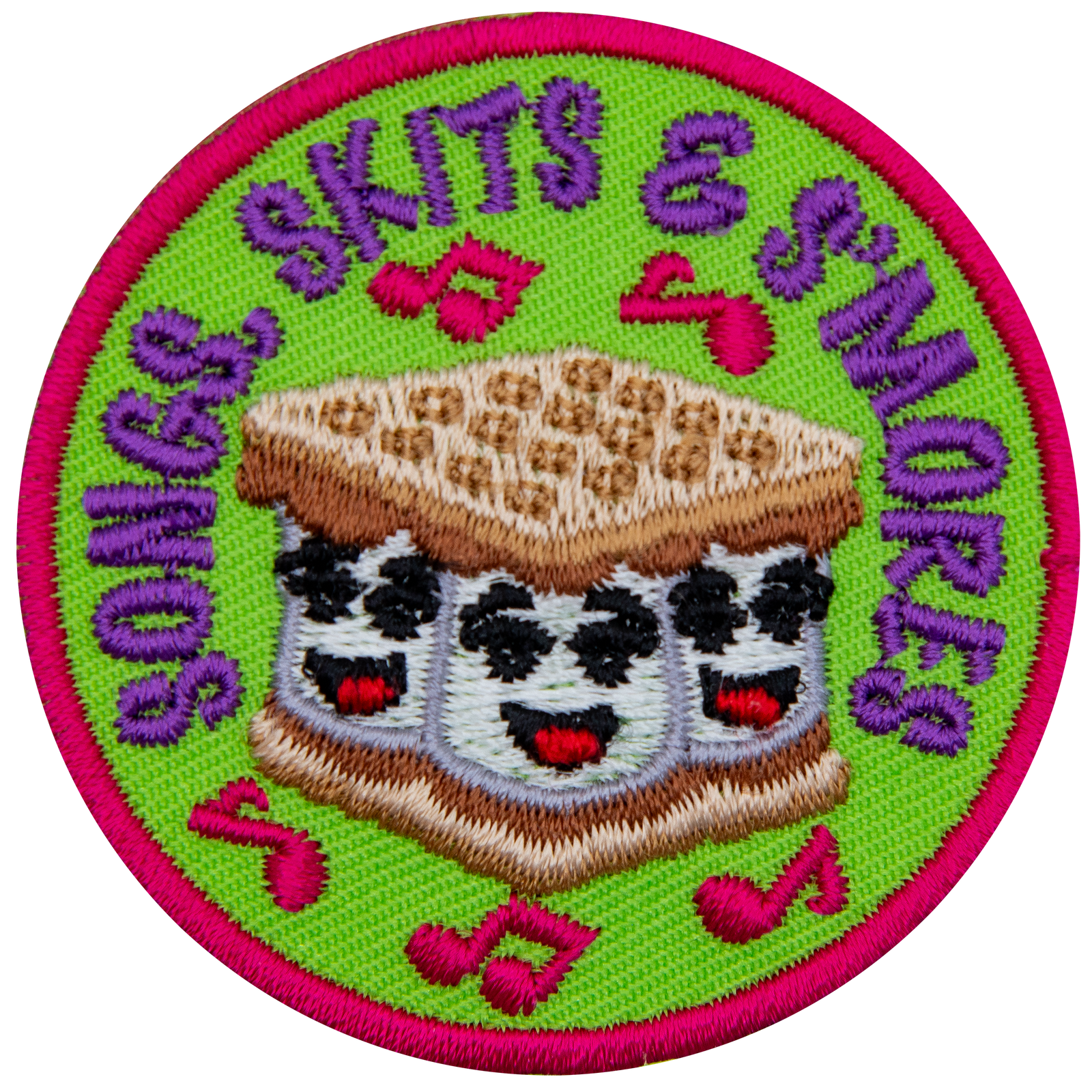 Three marshmallows between two graham crackers have tiny, singing faces. The words Songs, Skits & S'Mores are in an arc around the top.