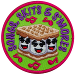 Three marshmallows between two graham crackers have tiny, singing faces. The words Songs, Skits & S'Mores are in an arc around the top.