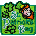 A green square with clovers and a smiling leprechaun. The words Saint Patrick's Day are in the middle.