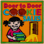 The words Door to Door Cookie Sales are above a little girl holding a box of cookies.