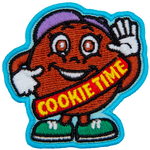 A large cookie dressed in a guide's uniform gives a thumbs up. The words Cookie time are stitched across her sash.