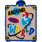 This travel bag patch has Around The World written on the luggage in a sticker-like design. An airplane flies around the globe on the suitcase.