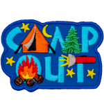 The text Camp Out out decorated with camping-themed items such as a tent, flashlight, and tree.