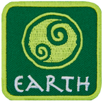 This green patch is decorated with a swirling symbol of a round earth. The word Earth is embroidered in white text near the base of the patch.
