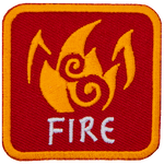 This red patch is decorated with burning flames. The word Fire is embroidered in white text near the base of the patch.