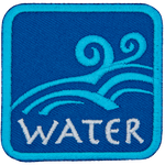 This blue patch is decorated with flowing waves of water. The word Water is embroidered in white text near the base of the patch.