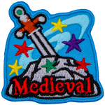 A sword is buried deep within a stone as magical stars and swirls spin about it. The word Medieval is embroidered near the bottom in red.