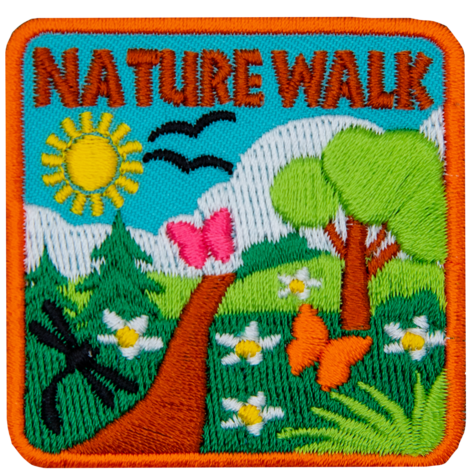 The words Nature Walk are above a green trail on a sunny day.
