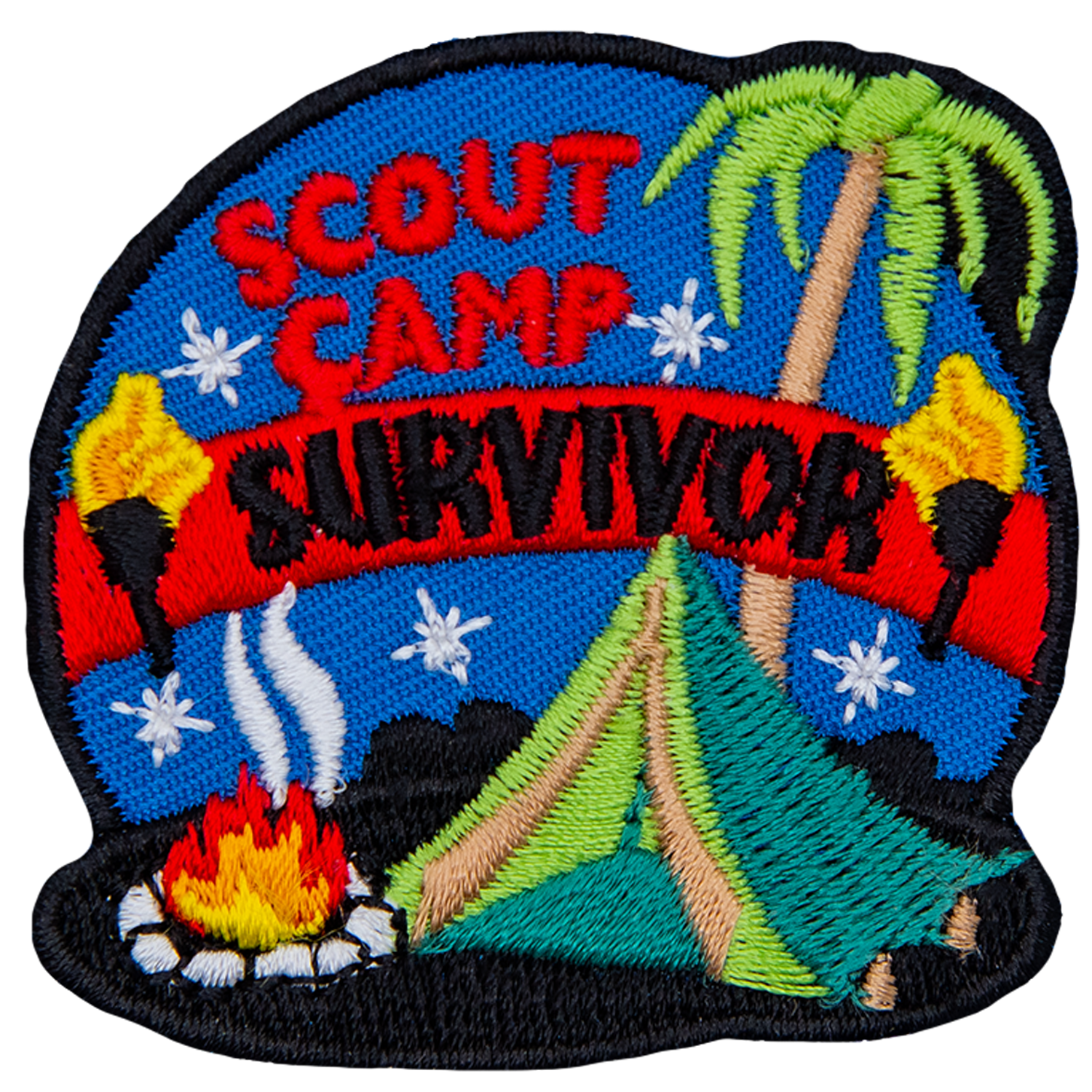 The words Scout Camp Survivor are above a green tent, a fire and a palm tree. 