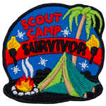 The words Scout Camp Survivor are above a green tent, a fire and a palm tree. 