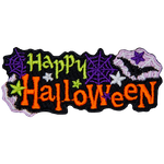 The words Happy Halloween is surrounded by cobwebs and bats.