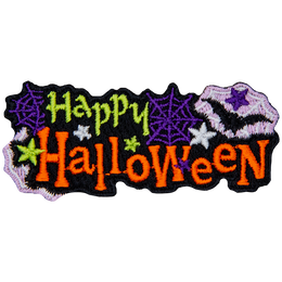 The words Happy Halloween is surrounded by cobwebs and bats.