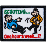 Two laughing figures are next to the words Scouting... One hour a week?!